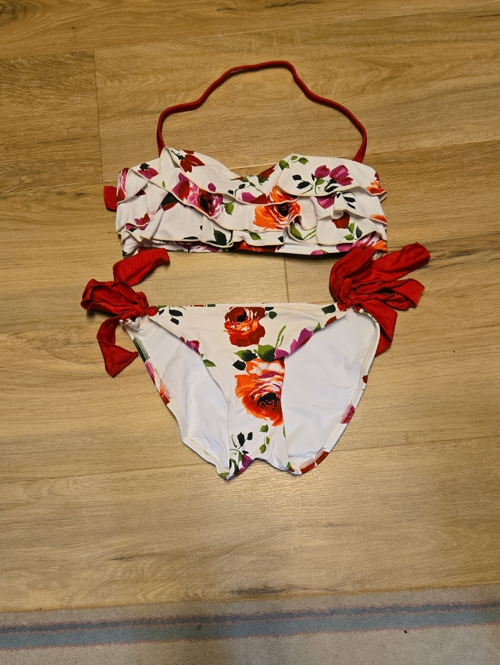Gossip Collection White Floral Ruffle Bikini with Red Tie Accents Size M
